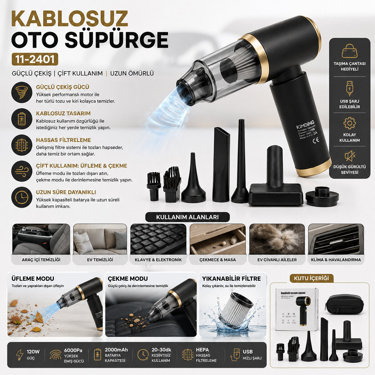 HANDHELD VACUUM CLEANER 2İN1=ÇEKME - ÜFLEME OTO - ARAÇ - EV EL TİPİ SÜPÜRGE ŞARJLI MİNİ - TAŞINABİLİR KH-128 (5347)