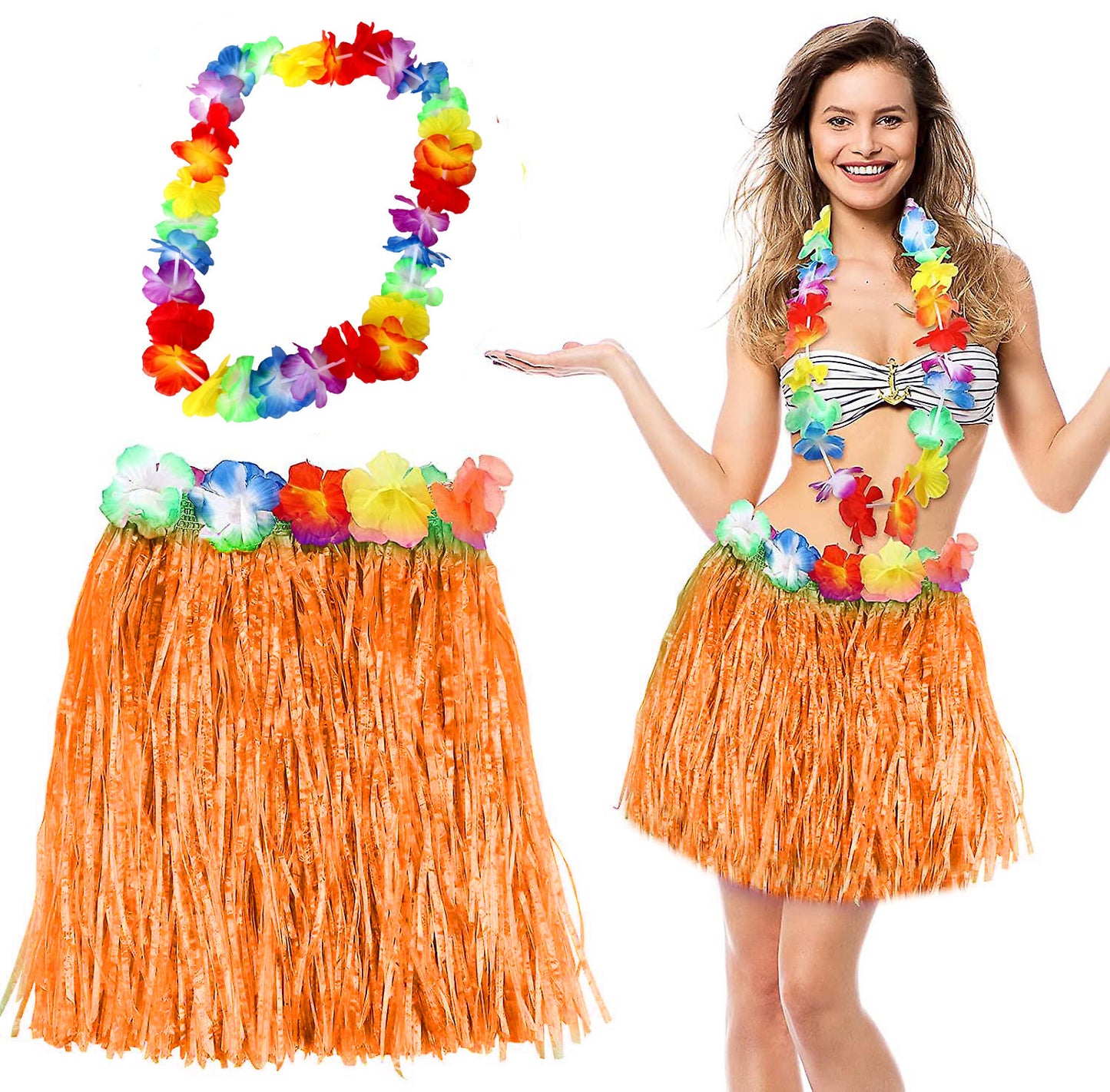 Hawaii Luau Aloha Turuncu Püsküllü 40 cm Etek ve Hawaii Kolye Seti (5347)