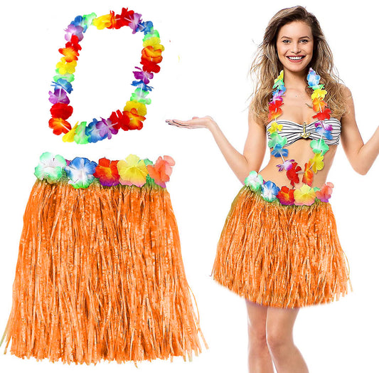 Hawaii Luau Aloha Turuncu Püsküllü 40 cm Etek ve Hawaii Kolye Seti (5347)