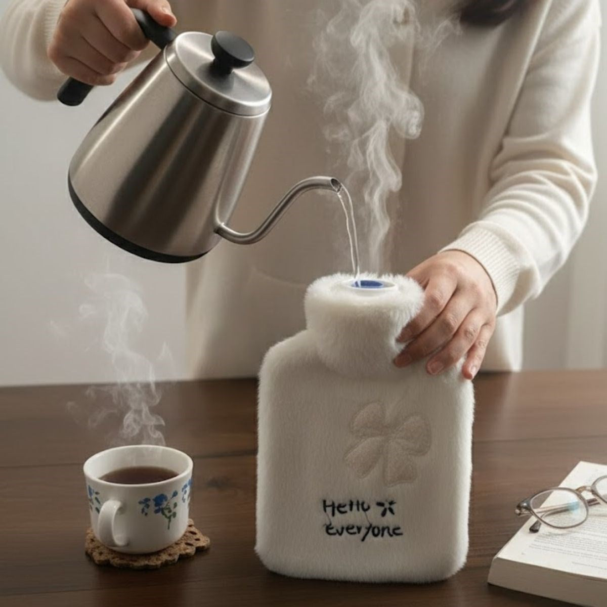 Hello Everyone Yazılı Kurdeleli Beyaz Peluş Sıcak Su Torbası 1 Lt - Yumuşak Kılıf, Uzun Süre Sıcak Tutan Termal Su Torbası (5347)