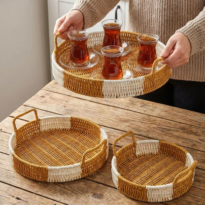 İç İçe Geçebilen 3 lü Yuvarlak Plastik Rattan Tepsi Seti-Çift Renkli Hasır Görünümlü Çok Amaçlı Servis ve Sunum Tepsileri (5347)