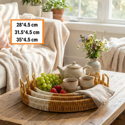İç İçe Geçebilen 3 lü Yuvarlak Plastik Rattan Tepsi Seti-Çift Renkli Hasır Görünümlü Çok Amaçlı Servis ve Sunum Tepsileri (5347)