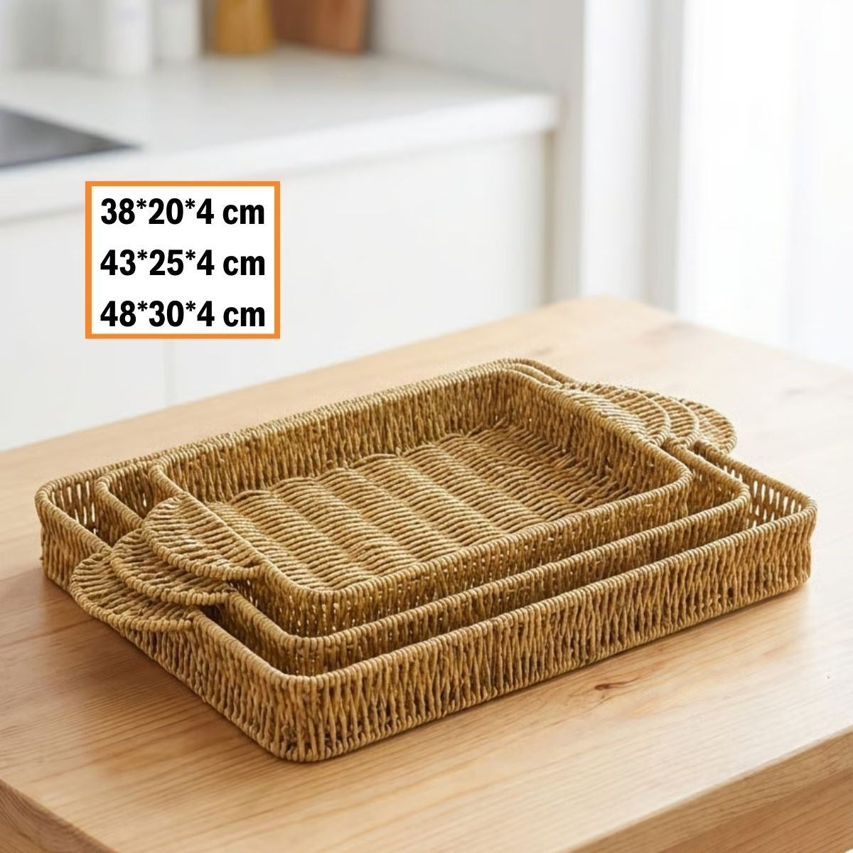 İç İçe Geçebilen 3 lü Dikdörtgen Plastik Rattan Tepsi Seti-Hasır Görünümlü Çok Amaçlı Servis ve Sunum Tepsileri (5347)