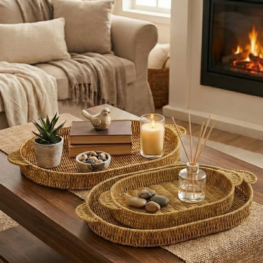 İç İçe Geçebilen 3 lü Oval Plastik Rattan Tepsi Seti-Hasır Görünümlü Çok Amaçlı Servis ve Sunum Tepsileri (5347)