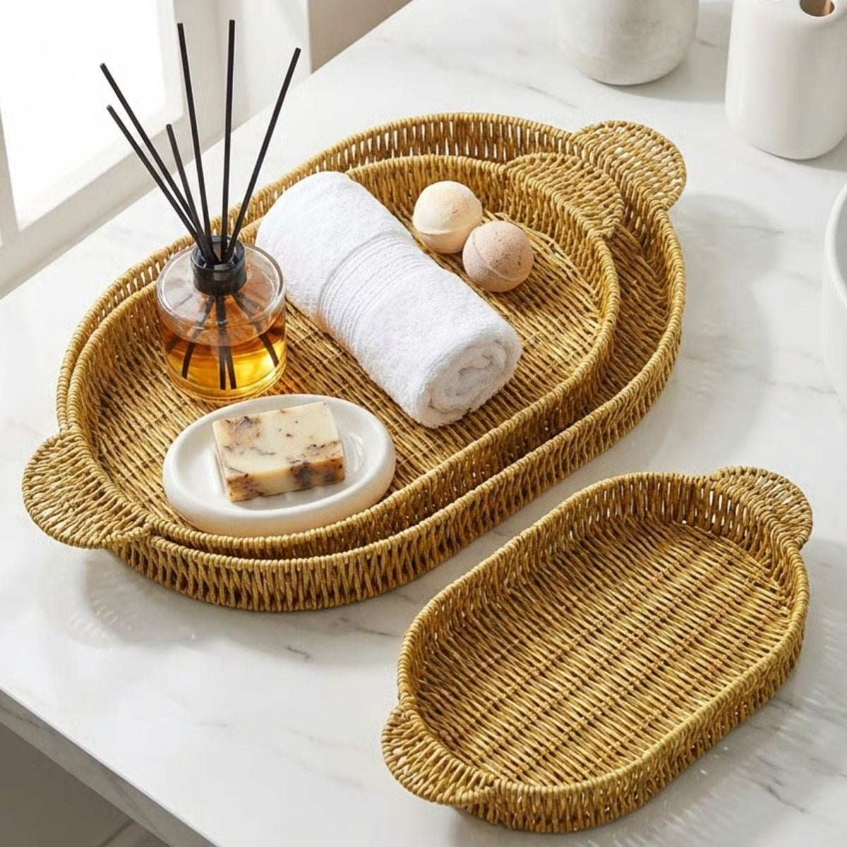 İç İçe Geçebilen 3 lü Oval Plastik Rattan Tepsi Seti-Hasır Görünümlü Çok Amaçlı Servis ve Sunum Tepsileri (5347)