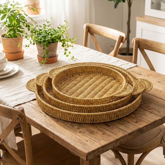 İç İçe Geçebilen 3 lü Yuvarlak Plastik Rattan Tepsi Seti-Hasır Görünümlü Çok Amaçlı Servis ve Sunum Tepsileri (5347)