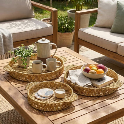 İç İçe Geçebilen 3 lü Yuvarlak Plastik Rattan Tepsi Seti-Hasır Görünümlü Çok Amaçlı Servis ve Sunum Tepsileri (5347)