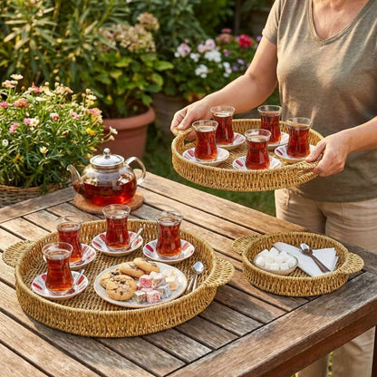 İç İçe Geçebilen 3 lü Yuvarlak Plastik Rattan Tepsi Seti-Hasır Görünümlü Çok Amaçlı Servis ve Sunum Tepsileri (5347)