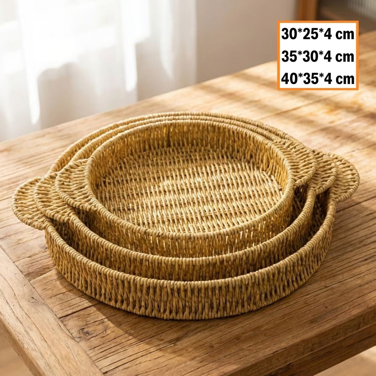 İç İçe Geçebilen 3 lü Yuvarlak Plastik Rattan Tepsi Seti-Hasır Görünümlü Çok Amaçlı Servis ve Sunum Tepsileri (5347)