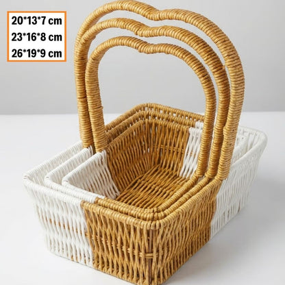 İç İçe Geçebilen 3 lü Çift Renkli Dikdörtgen Formlu Kalp Saplı Plastik Rattan Sepet Seti - Hasır Görünümlü Çok Amaçlı Organizerler (5347)