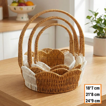 İç İçe Geçebilen 3 lü Çift Renkli Yuvarlak Dalgalı Formlu Saplı Plastik Rattan Sepet Seti - Hasır Görünümlü Çok Amaçlı Organizerler (5347)