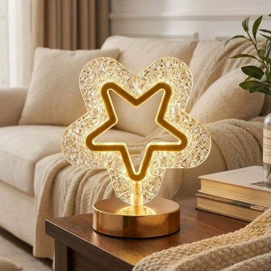 İçi Boş Yıldız Şeklinde Kristal LED Masa Lambası - Dokunmatik, 3 Renk Işık Modlu, Şarjlı Mini Dekoratif Gece Lambası (5347)