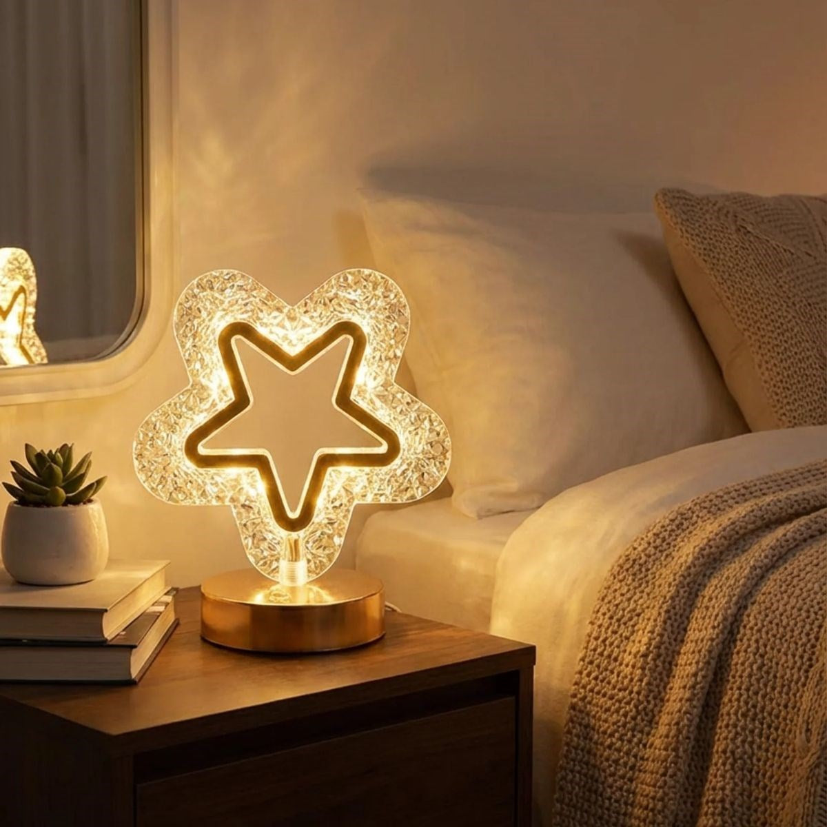 İçi Boş Yıldız Şeklinde Kristal LED Masa Lambası - Dokunmatik, 3 Renk Işık Modlu, Şarjlı Mini Dekoratif Gece Lambası (5347)