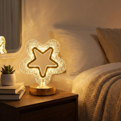 İçi Boş Yıldız Şeklinde Kristal LED Masa Lambası - Dokunmatik, 3 Renk Işık Modlu, Şarjlı Mini Dekoratif Gece Lambası (5347)