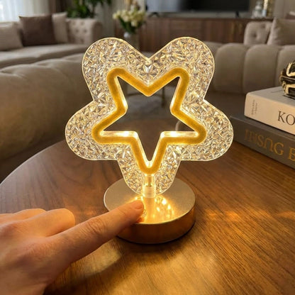İçi Boş Yıldız Şeklinde Kristal LED Masa Lambası - Dokunmatik, 3 Renk Işık Modlu, Şarjlı Mini Dekoratif Gece Lambası (5347)