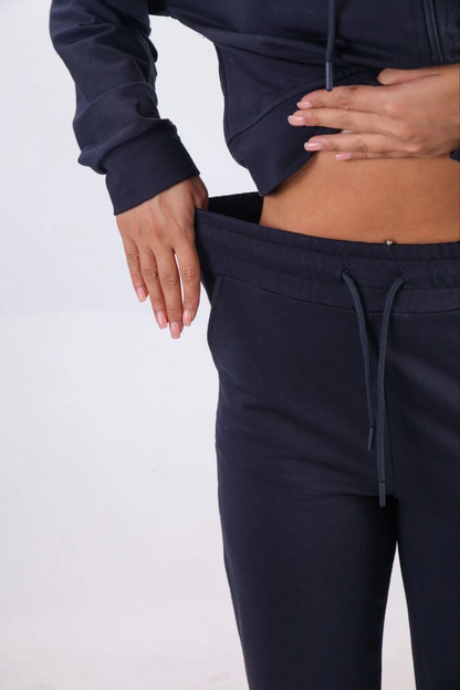 Two-Thread Hooded Zippered Crop Oversize Cardigan Set - Navy Blue