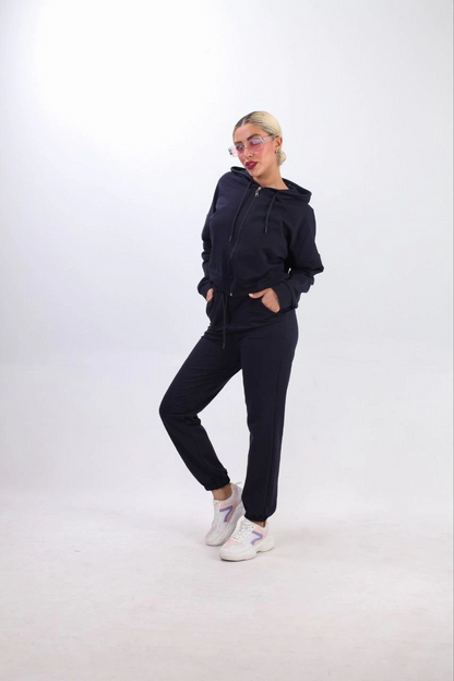 Two-Thread Hooded Zippered Crop Oversize Cardigan Set - Navy Blue