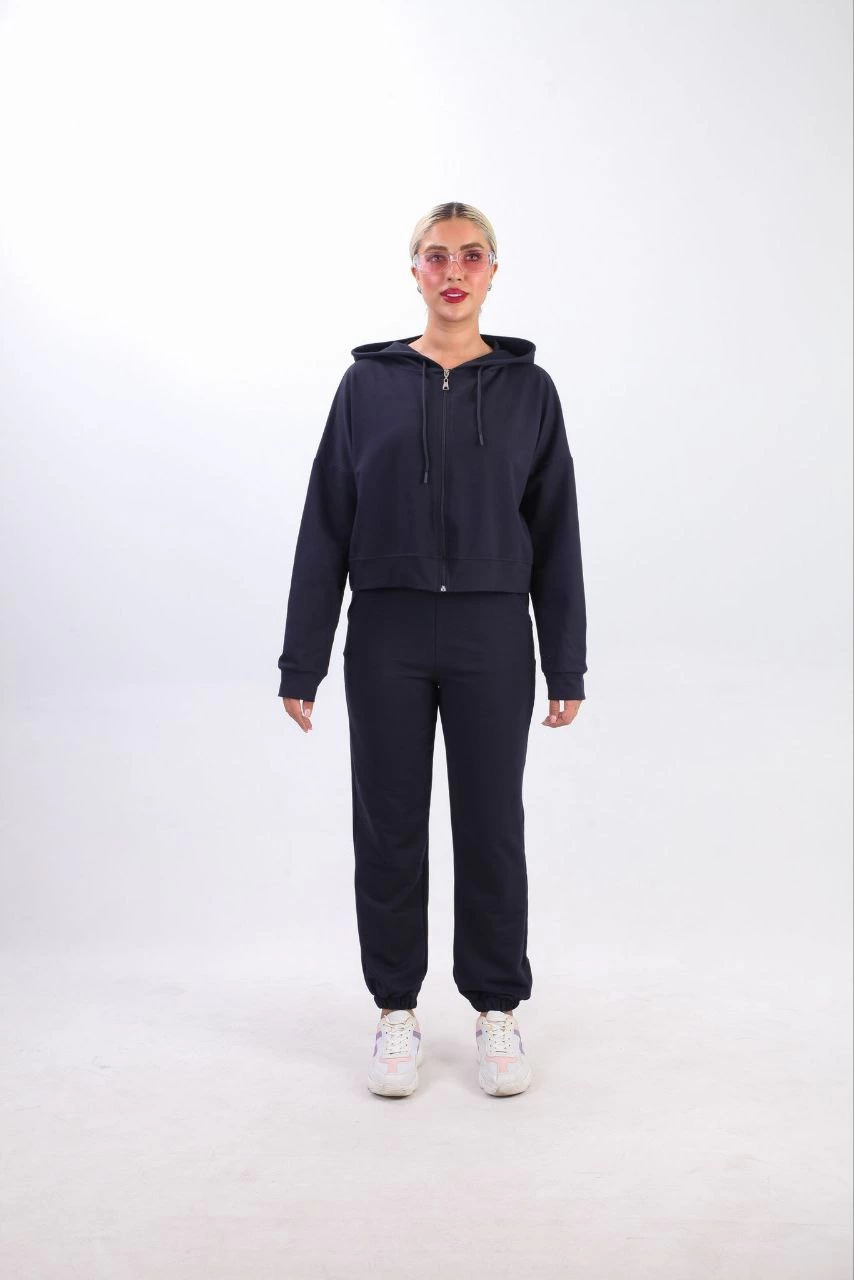 Two-Thread Hooded Zippered Crop Oversize Cardigan Set - Navy Blue