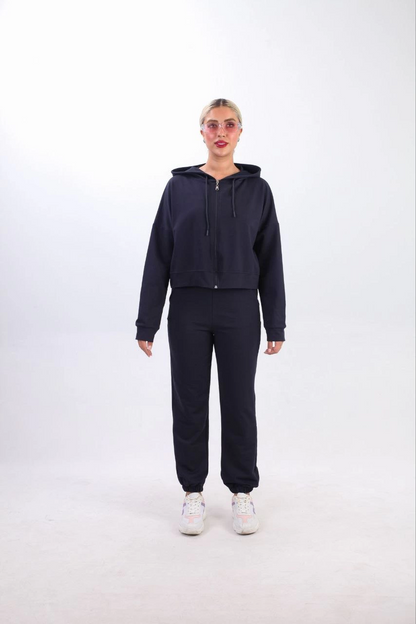 Two-Thread Hooded Zippered Crop Oversize Cardigan Set - Navy Blue