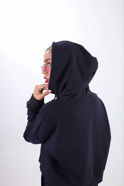 Two-Thread Hooded Zippered Crop Oversize Cardigan Set - Navy Blue