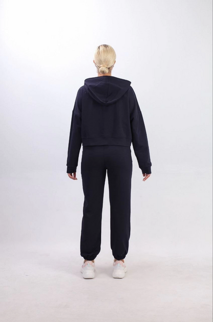 Two-Thread Hooded Zippered Crop Oversize Cardigan Set - Navy Blue