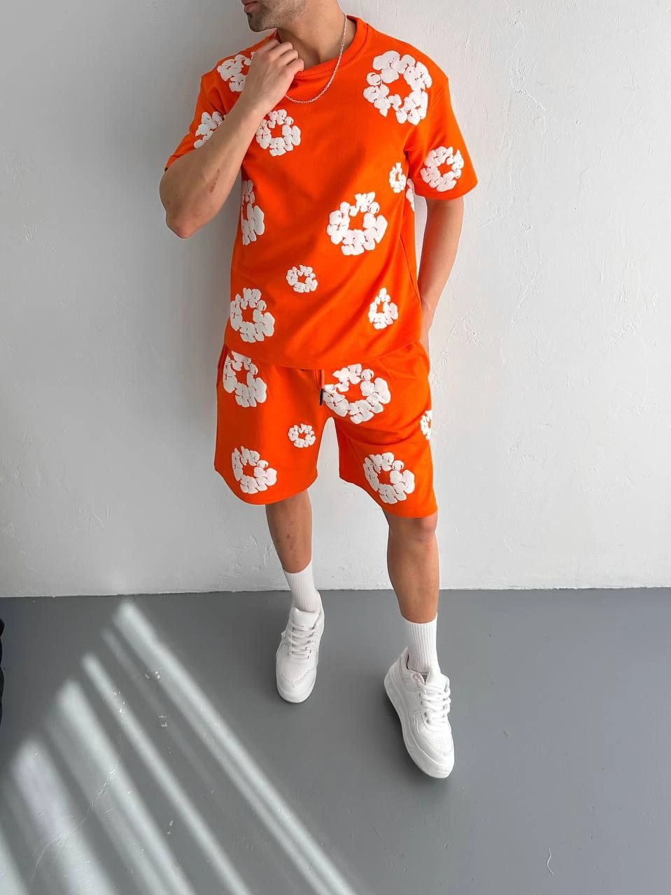 Two-Thread Fabric Printed T-shirt with Shorts Set - Orange