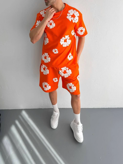 Two-Thread Fabric Printed T-shirt with Shorts Set - Orange