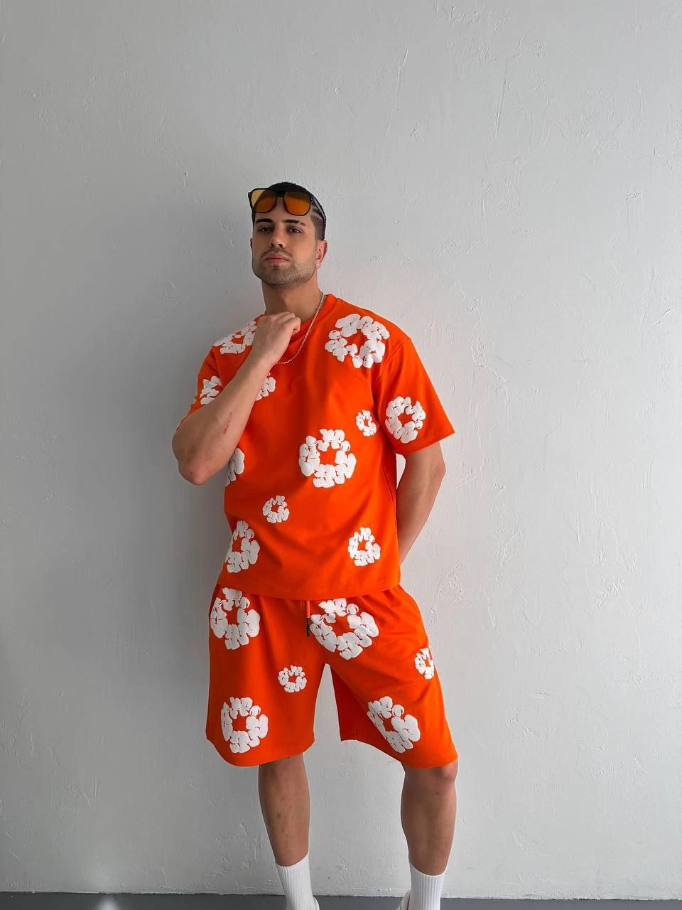 Two-Thread Fabric Printed T-shirt with Shorts Set - Orange