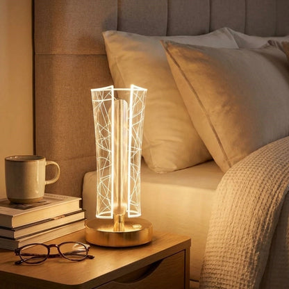 İki Yandan Kavisli Silindirik Geometrik Çizgi Model Kristal LED Masa Lambası - Dokunmatik, 3 Renk Işık Modlu, Şarjlı Dekoratif Gece Lambası (5347)