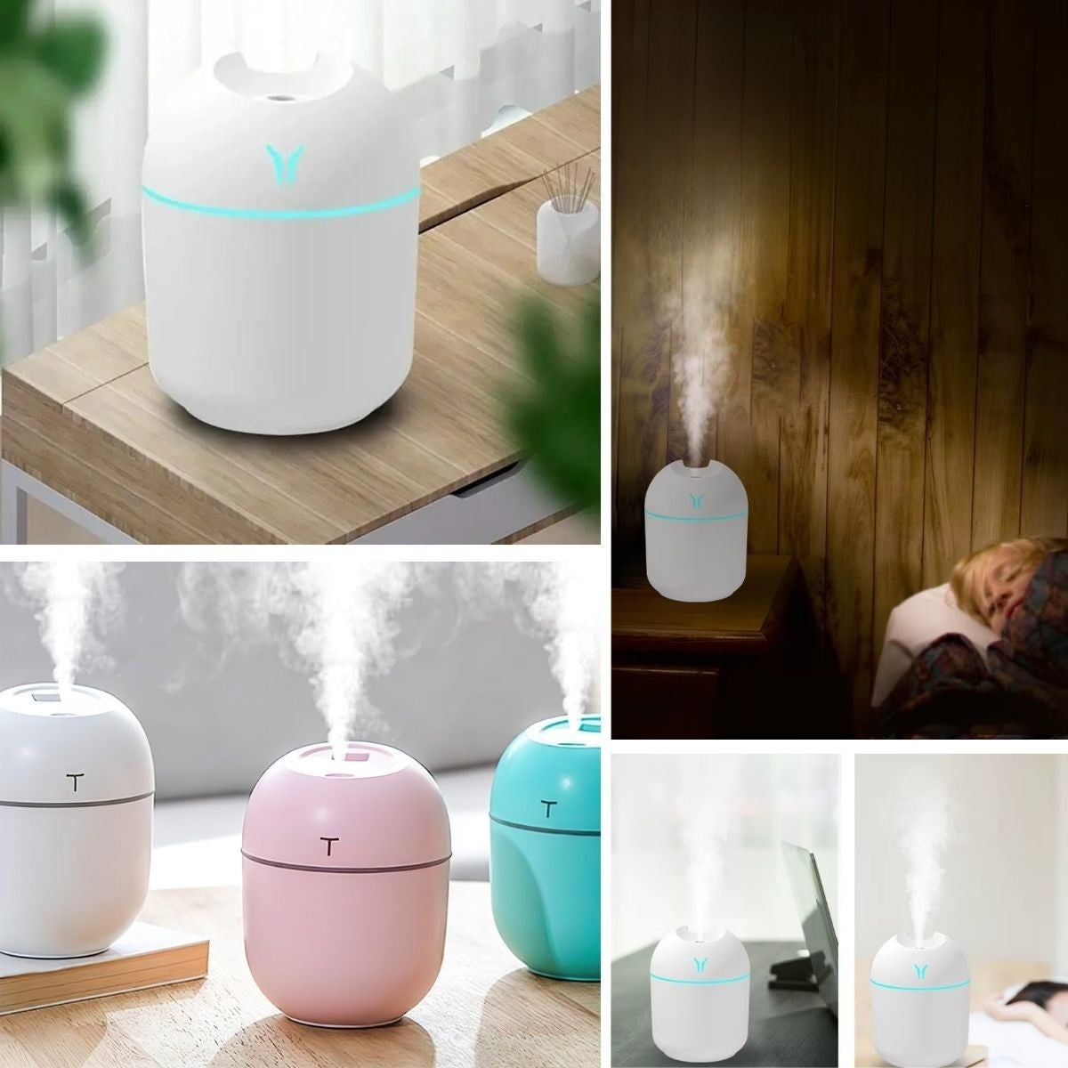 جهاز ترطيب الهواء والغرفة بضوء LED سعة 220 مل 8x8x10 سم، يقلل من جفاف الهواء ويوفر تجربة العلاج العطري (5347)