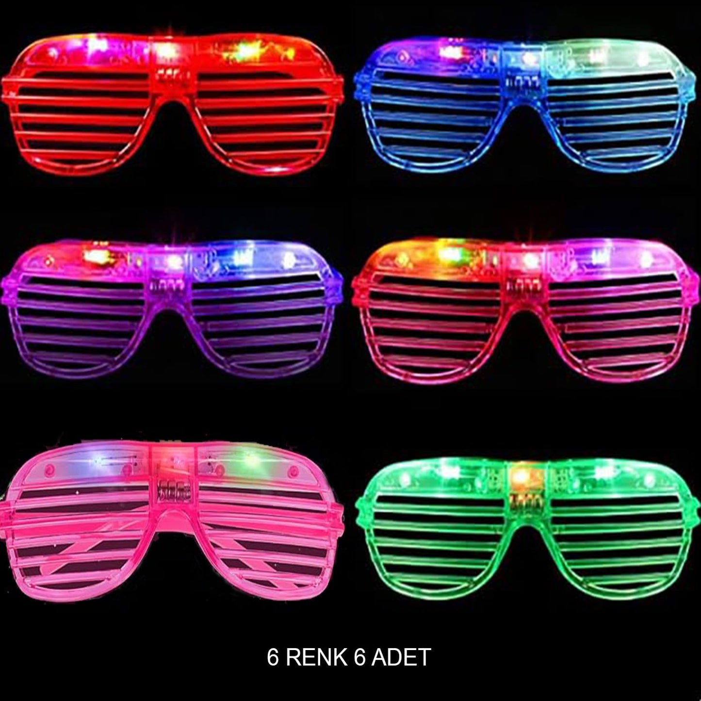 Işıklı Panjur Şeritli Led Parti Gözlüğü 6 Renk 6 lı Set (5347)