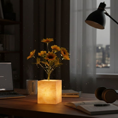 زهرة صناعية مضيئة - نبتة زينة LED بوعاء أصفر، نبات زينة مضيء للمكتب المنزلي والمكتبي (5347)
