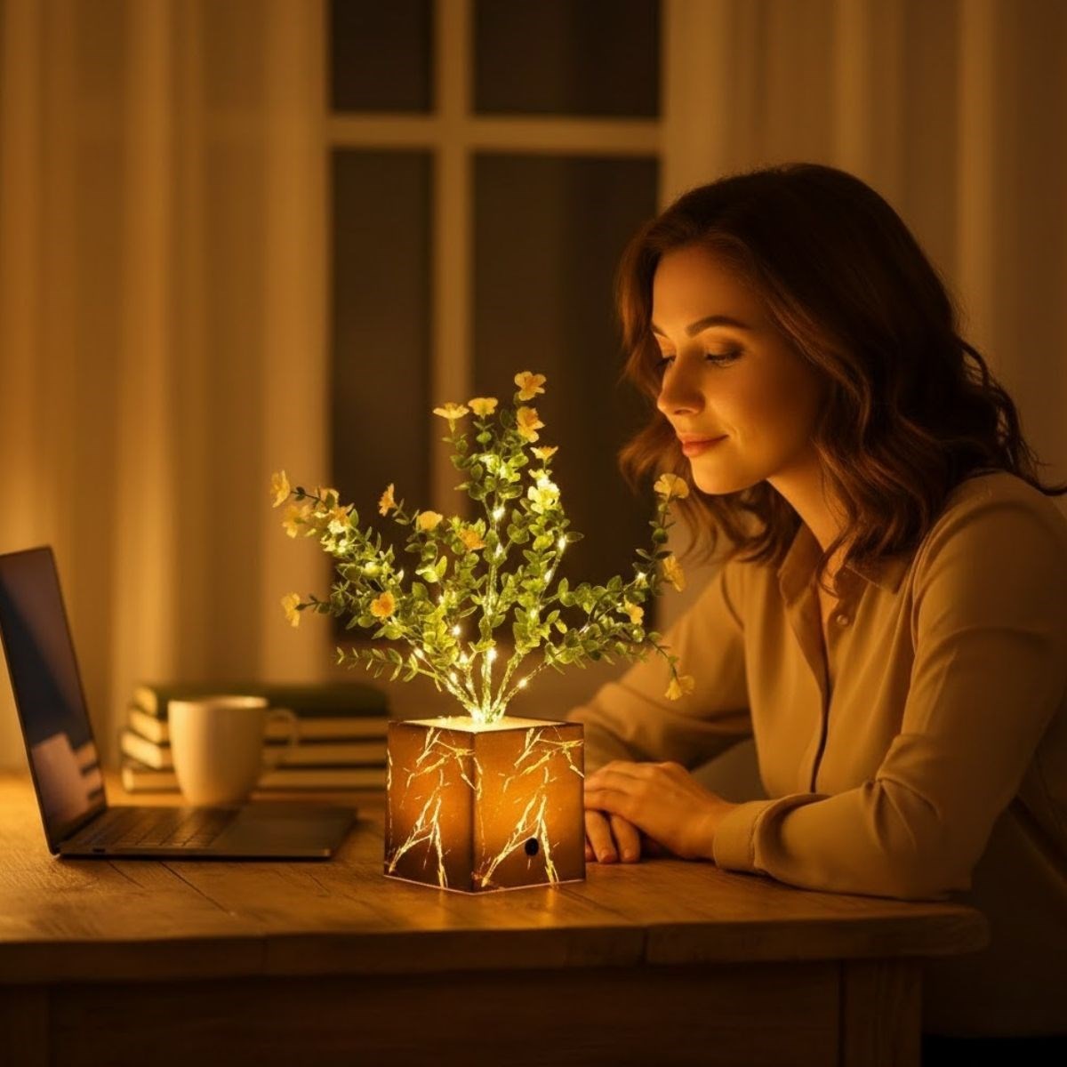 زهرة صناعية مضيئة - نبات زينة LED بوعاء أسود، نبات زينة مضاء للمكتب والمنزل (5347)