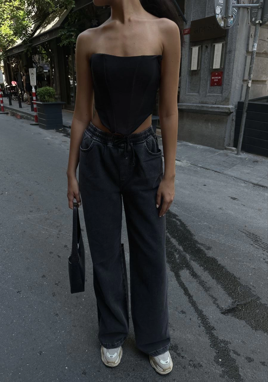 Kadın Arkadan Yırtmaçlı Jeans Kot Palazzo Pantolon - Siyah