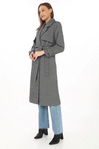 Kadın Uzun Kaşe Kaban - Balık Sırtı Dokuma Kaşmir Kumaş, Kruvaze Yaka, Kuşaklı Cepli Model, Oversize Rahat Kalıp - Boyalı Gri