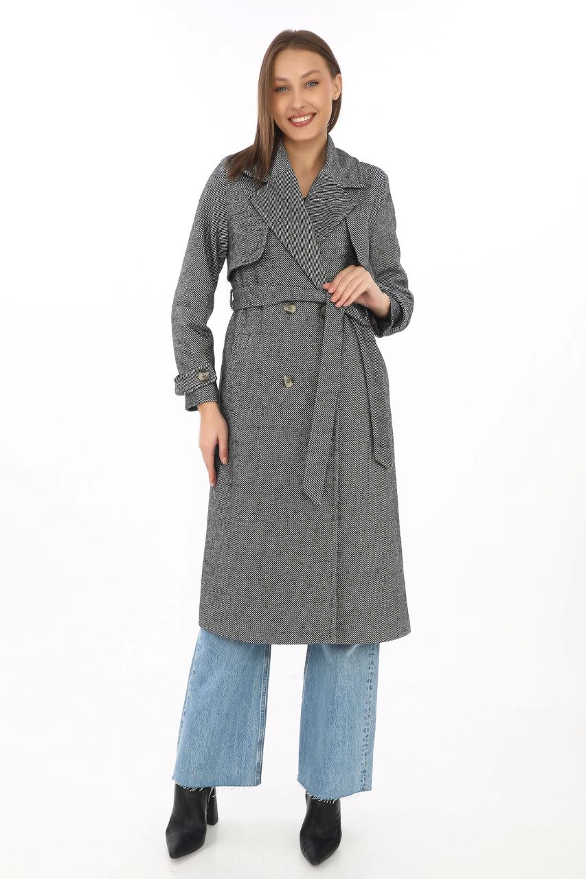 Kadın Uzun Kaşe Kaban - Balık Sırtı Dokuma Kaşmir Kumaş, Kruvaze Yaka, Kuşaklı Cepli Model, Oversize Rahat Kalıp - Boyalı Gri