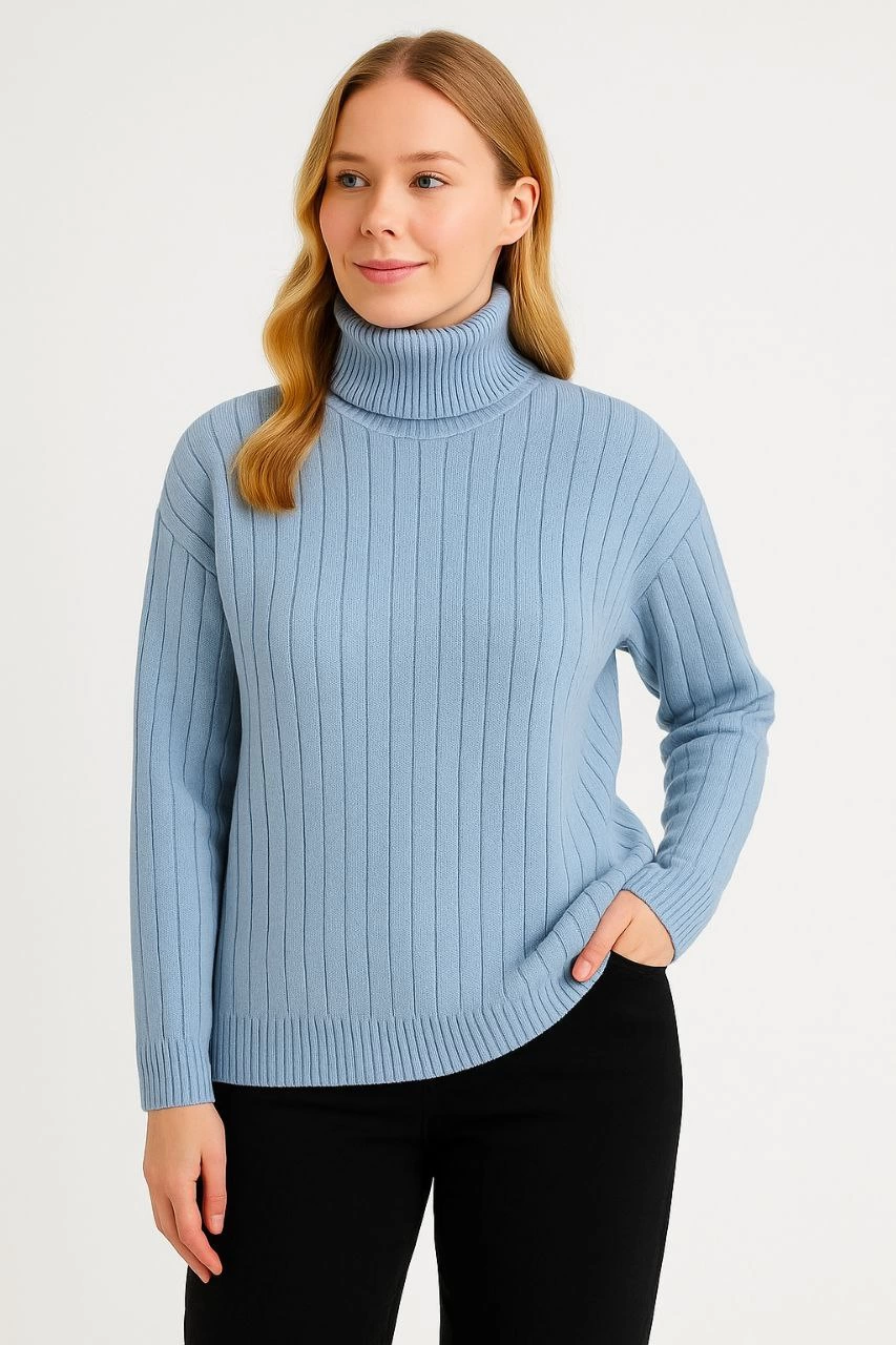 Women's Turtleneck Ribbed Cotton Knit Sweater - Baby Blue