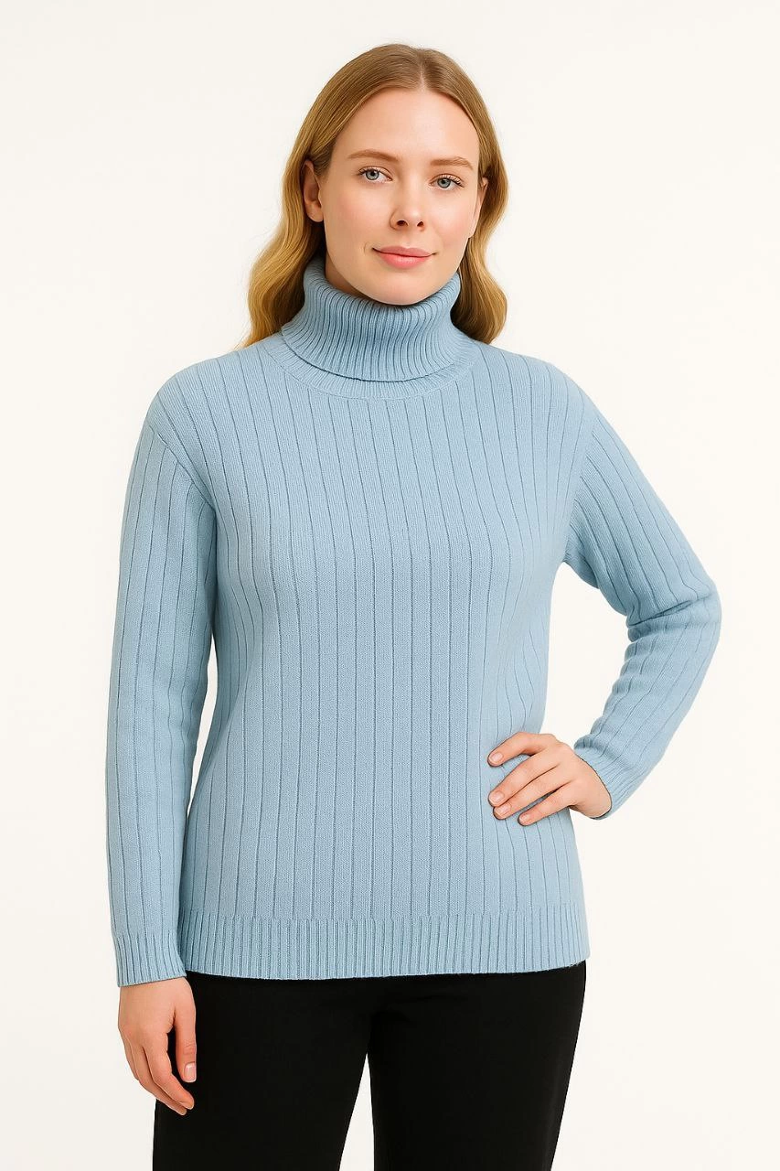Women's Turtleneck Ribbed Cotton Knit Sweater - Baby Blue