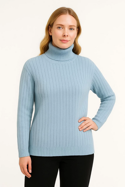 Women's Turtleneck Ribbed Cotton Knit Sweater - Baby Blue