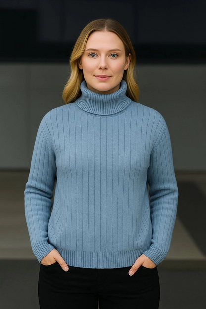 Women's Turtleneck Ribbed Cotton Knit Sweater - Baby Blue