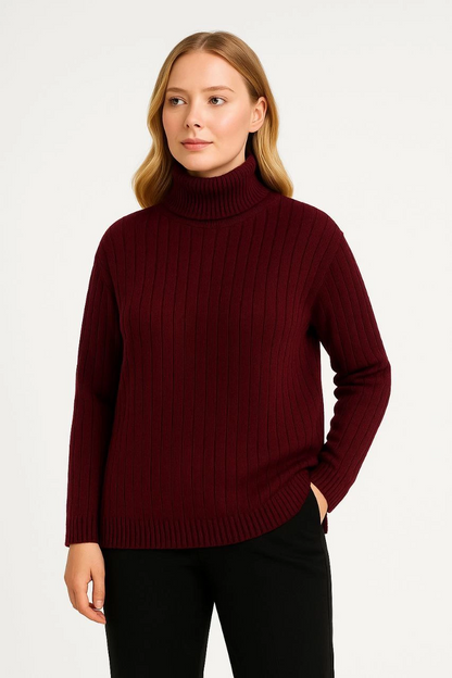 Women's Turtleneck Knit Sweater - Burgundy, Cotton Thick Ribbed Weave