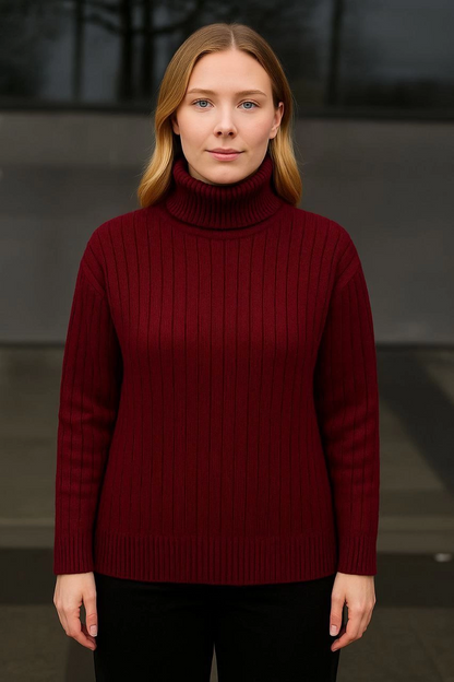 Women's Turtleneck Knit Sweater - Burgundy, Cotton Thick Ribbed Weave
