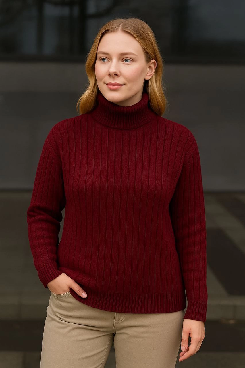 Women's Turtleneck Knit Sweater - Burgundy, Cotton Thick Ribbed Weave