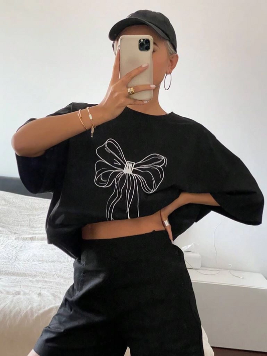 Kadın Baskılı Oversize T-shirt - Siyah