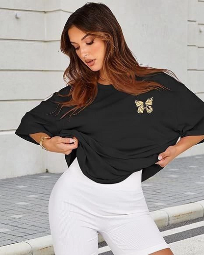 تيشيرت نسائي بطبعة ياقة دائرية - أسود