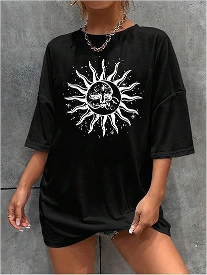 Women's Crew Neck Printed T-shirt - Black