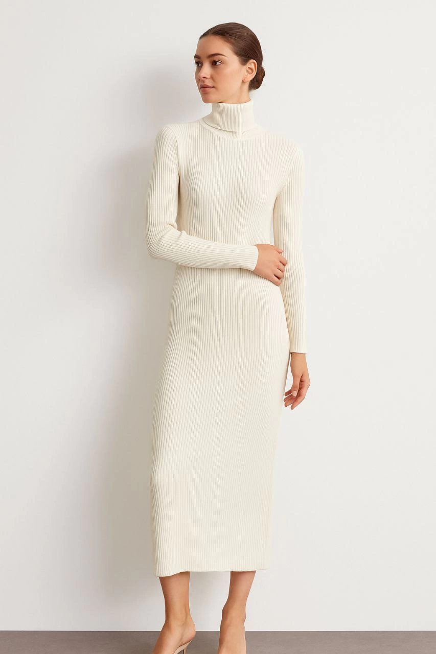 Women's Turtleneck Knit Dress - Long Ribbed Stretchy Weave, True to Size, Stylish Comfortable Winter & Spring Style, 130 cm Midi Dress - White