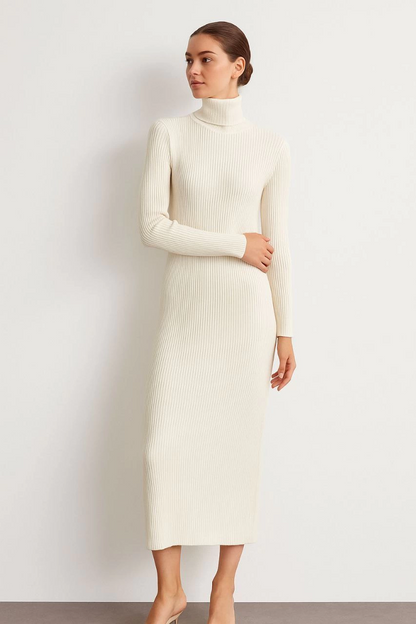 Women's Turtleneck Knit Dress - Long Ribbed Stretchy Weave, True to Size, Stylish Comfortable Winter & Spring Style, 130 cm Midi Dress - White
