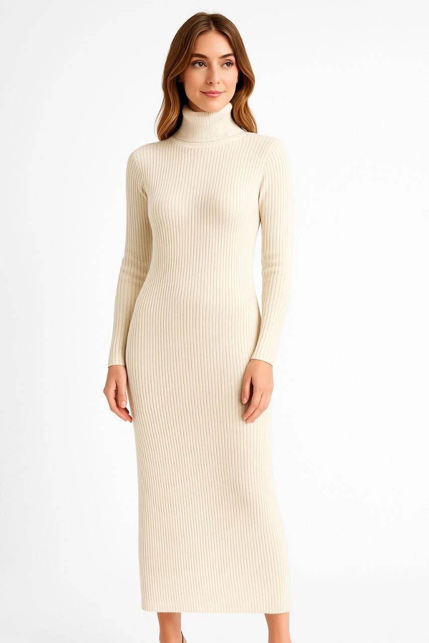 Women's Turtleneck Knit Dress - Long Ribbed Stretchy Weave, True to Size, Stylish Comfortable Winter & Spring Style, 130 cm Midi Dress - White