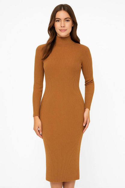 Women's Turtleneck Knitted Dress - Long Ribbed Stretch Fabric, Regular Fit, Chic Comfortable Style for Winter & Spring, 130 cm Midi Dress - Brown